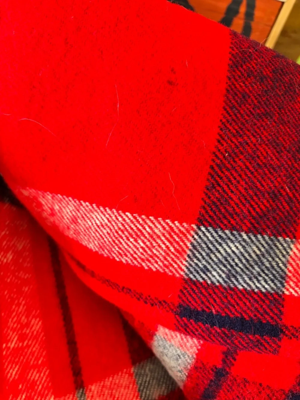 Vibrant vintage Harmony House red, white, blue tartan blanket